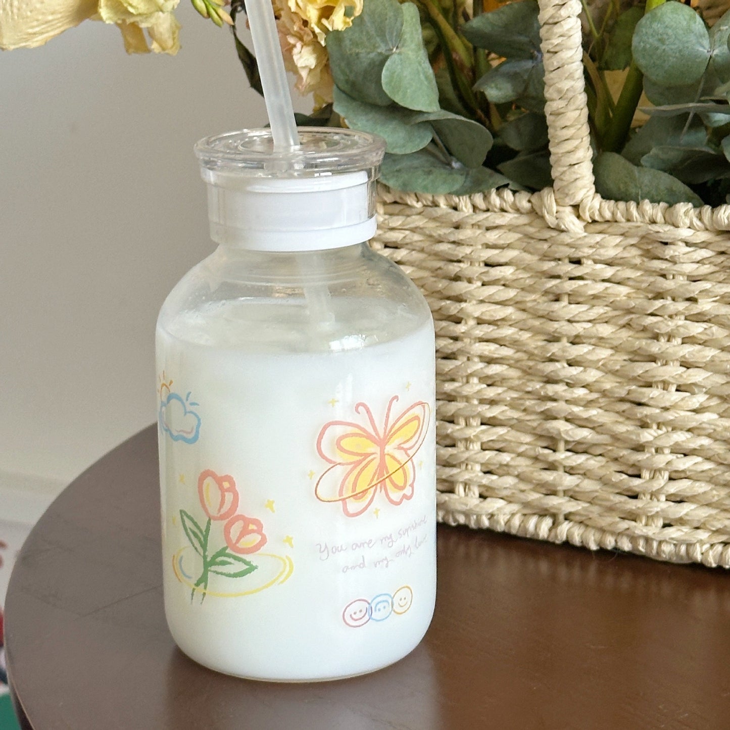 Colorful Butterfly Glass Straw Cup - 400ML