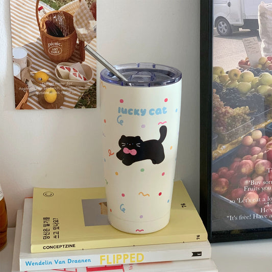 Lucky Cat Stainless Steel Travel Mug with Straw