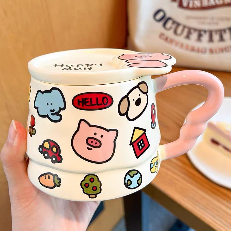 Doodle Animal Ceramic Mug with Lid – 400ML