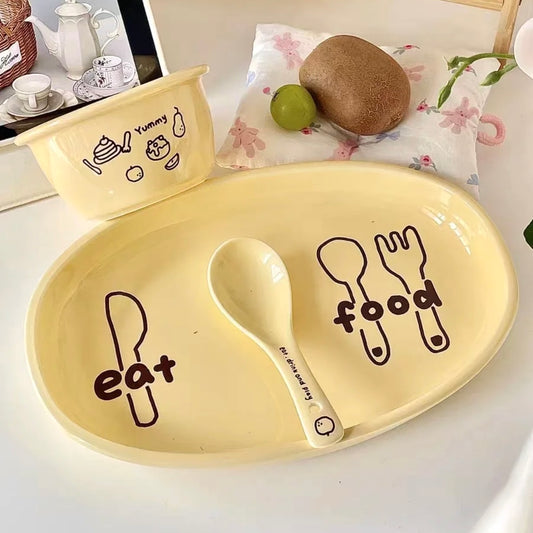 Cheese Yellow Ceramic Dinnerware Set – Set of 3 | Bowl, Oval Plate & Spoon with Fun Illustrations