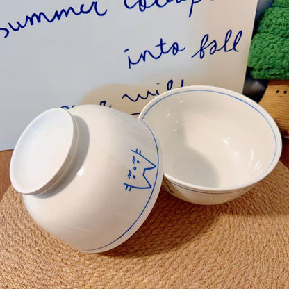 Hand-Painted Cat Ceramic Footed Noodle Bowl - 800ML