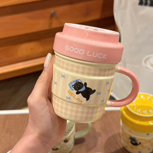 Lucky Black Cat Ceramic Mug with Lid – 420ML Capacity