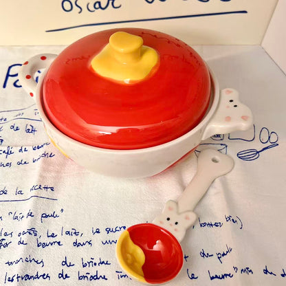 Tomato Bunny Ceramic Ramen Bowl with Lid and Spoon, 500ML