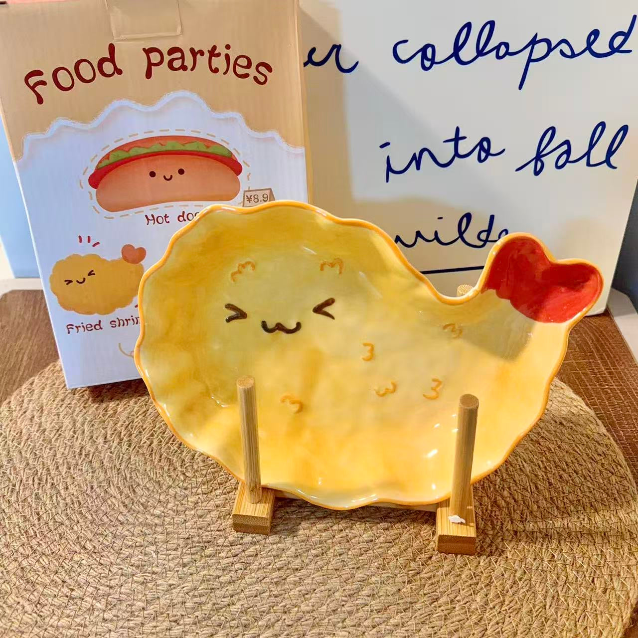 Hand-Painted Cute Fried Shrimp Ceramic Dessert Plate, 8.5-Inch