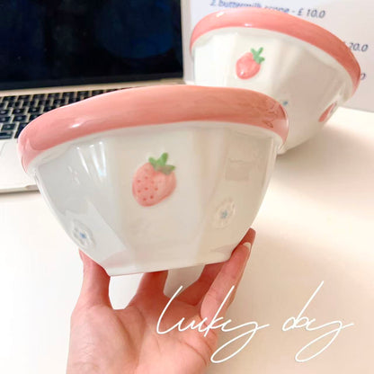 Pink Strawberry Ceramic Noodle Bowl – 800ML