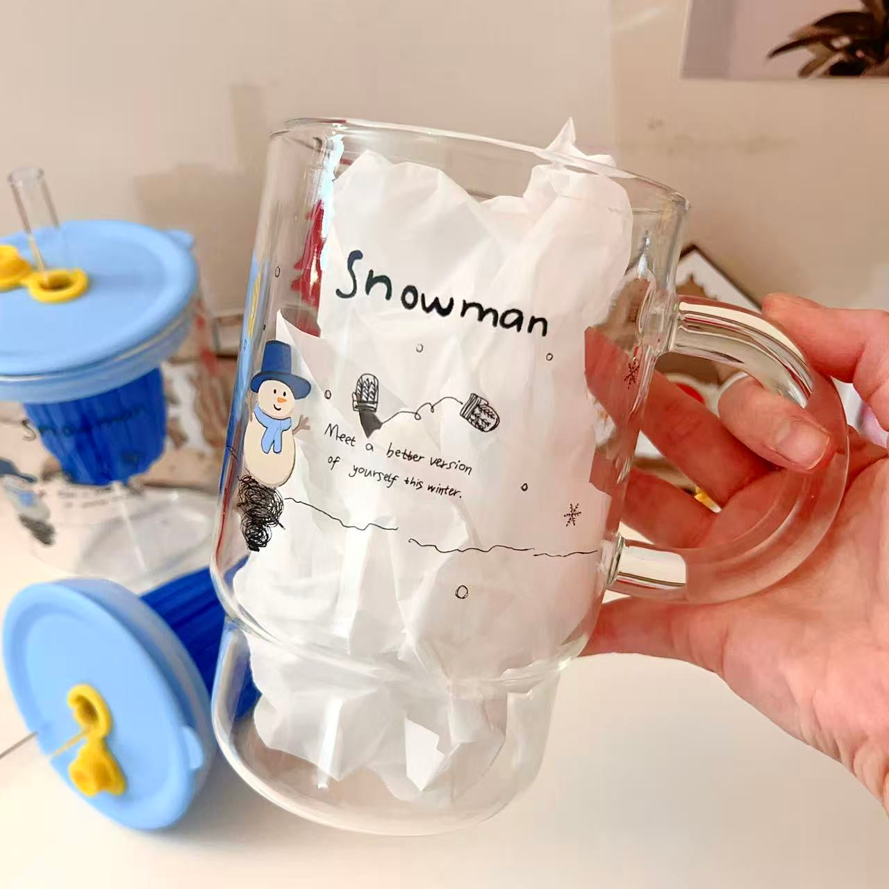 Blue Snowman Glass Cup with Straw & Tea Infuser - 1000ML