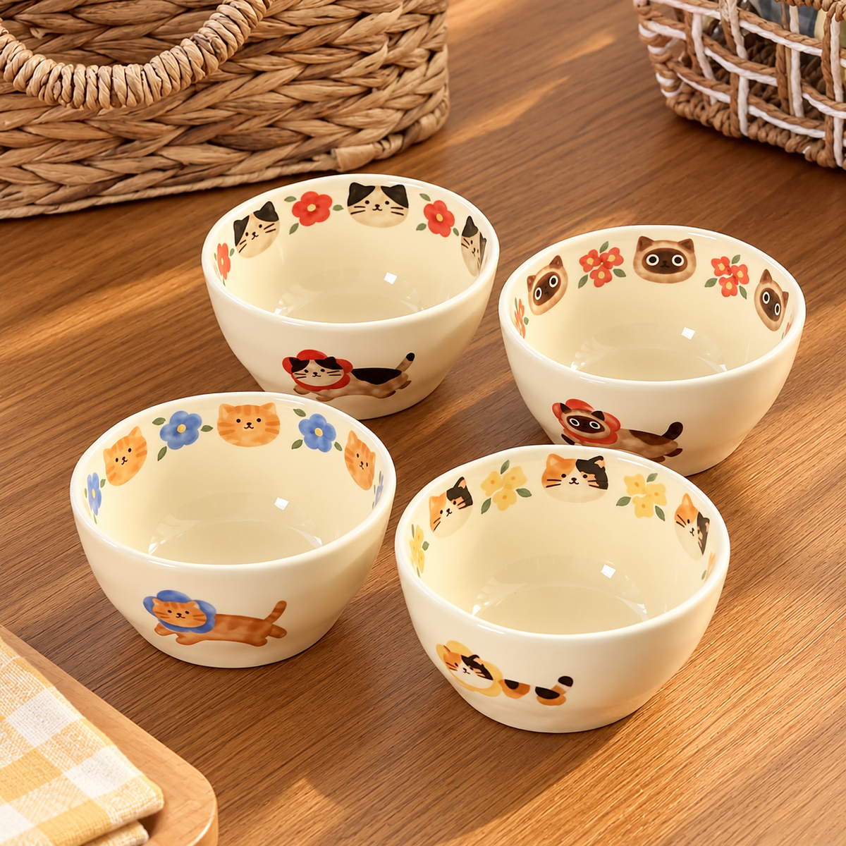 Cats & Flowers Ceramic Bowl Gift Set – Set of 4