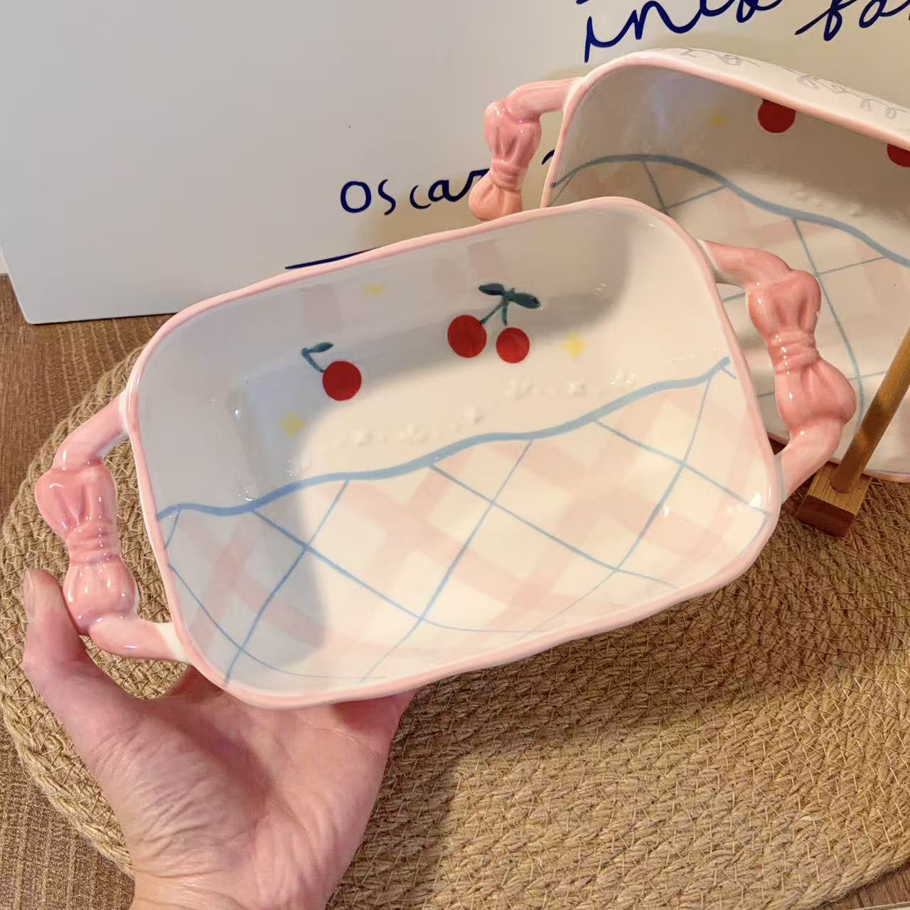 Hand-Painted Pastel Pink Bow Handle Baking Dish, 800ML