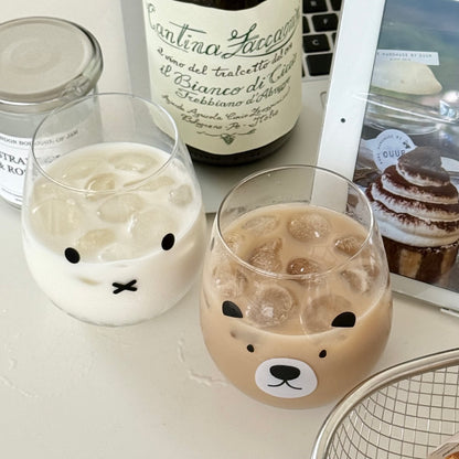 Cute bear and bunny round belly glass cups with iced drinks, 450ML capacity