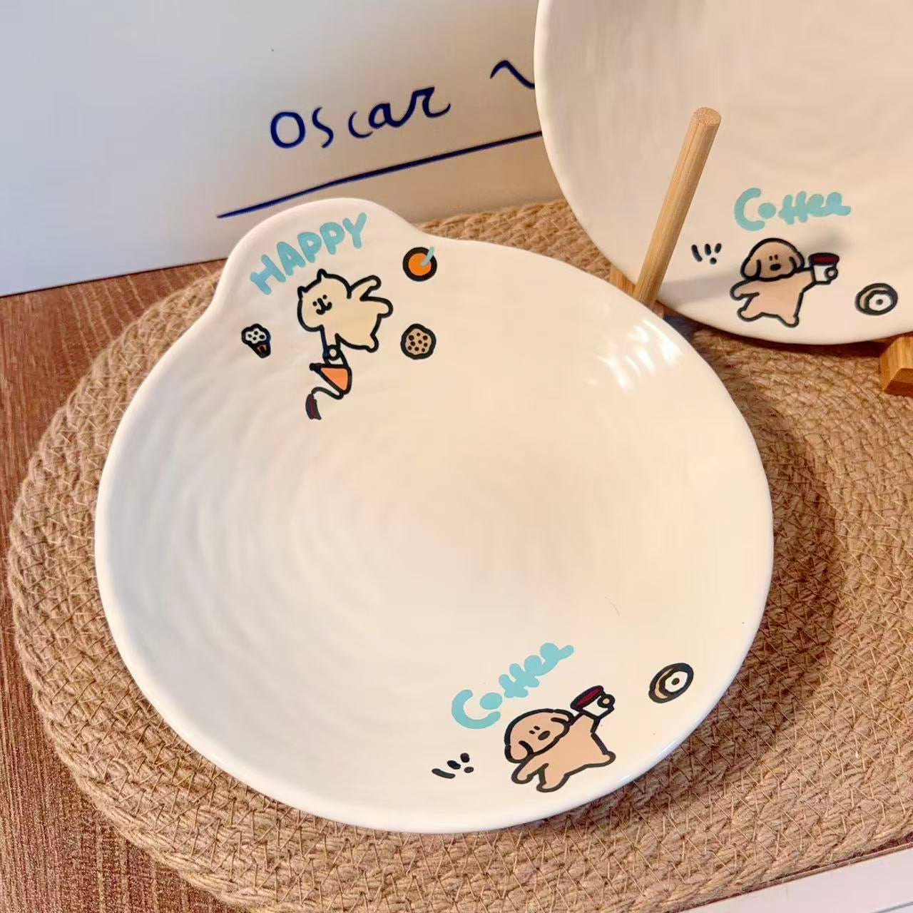 Coffee Puppy Ceramic Plate with Handle, 8-Inch