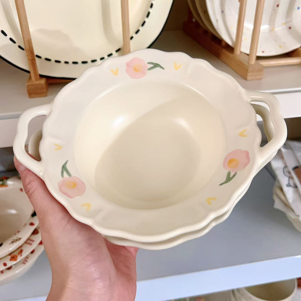 Creamy White Floral Ceramic Bowl with Handles, 250ML