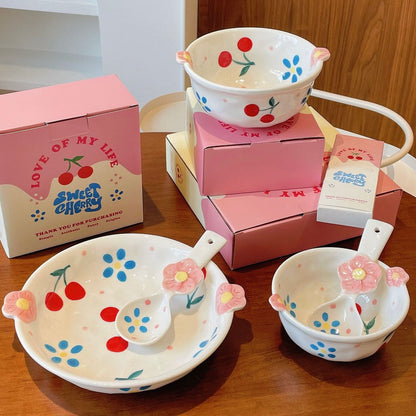 Cherry Blossom Hand-Painted Dinnerware Set | Cute Floral Design with Handles | Microwave & Dishwasher Safe