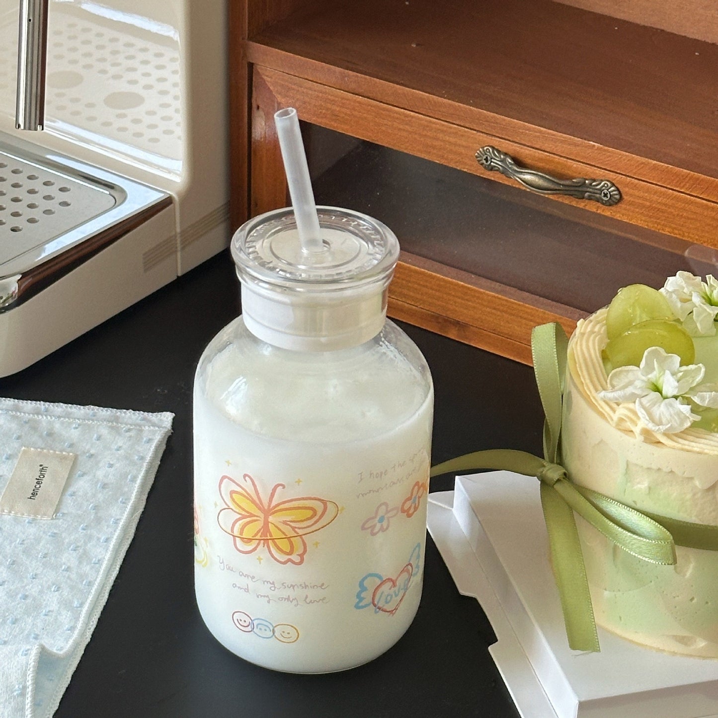 Colorful Butterfly Glass Straw Cup - 400ML