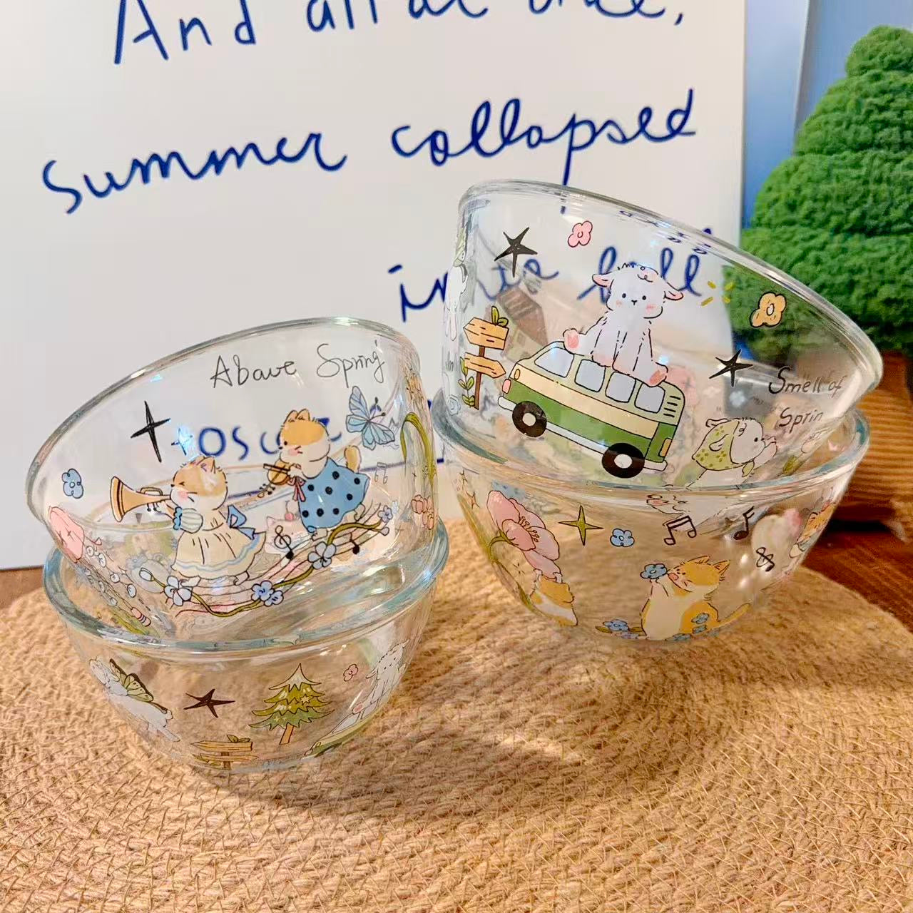 Cute Spring Doodle Glass Bowl - Microwave Safe, 350ML / 900ML