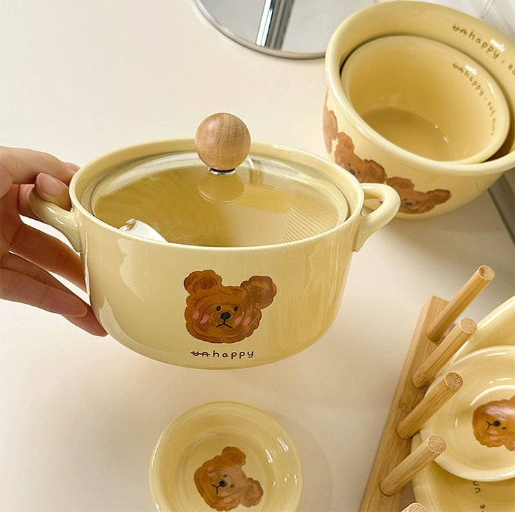 Emo Bear Ceramic Ramen Bowl - with Glass Lid and Ceramic Spoon, 730ml Capacity