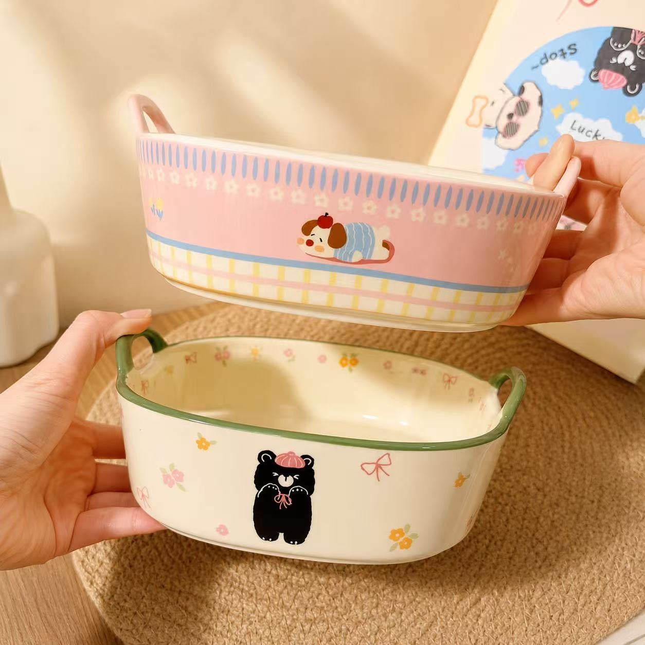 Cute Animal Ceramic Baking Dish with Handles - Oven & Air Fryer Safe