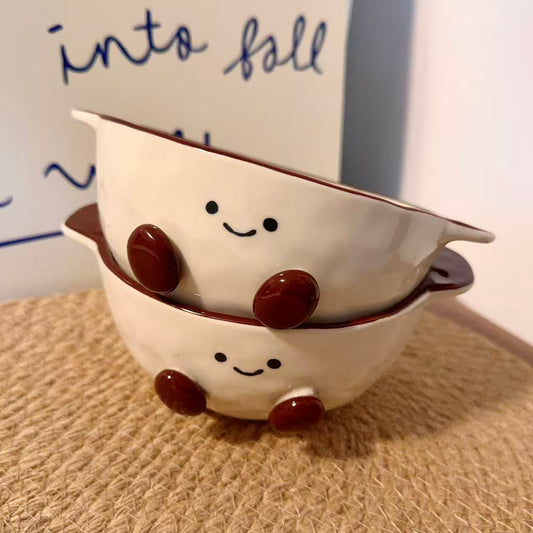 Hand-Painted Cocoa Bean Ceramic Yogurt Bowl with Handles - 480ML