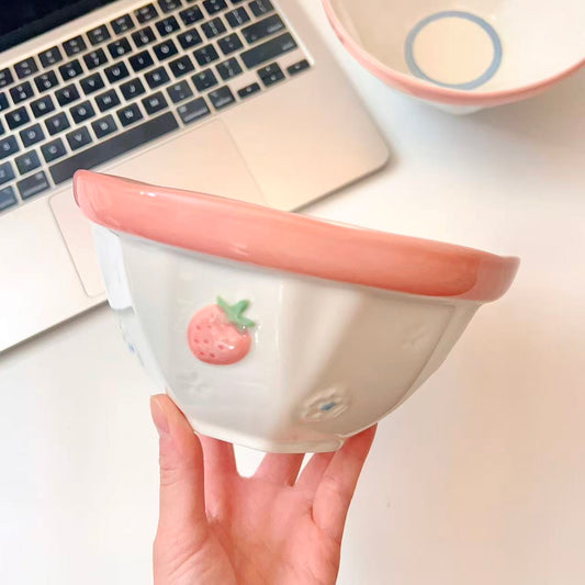 Pink Strawberry Ceramic Noodle Bowl – 800ML