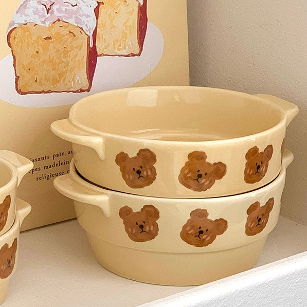 Adorable Double-Handle Baking Bowl with Emo Bear Design – Oven, Microwave, and Air Fryer Safe