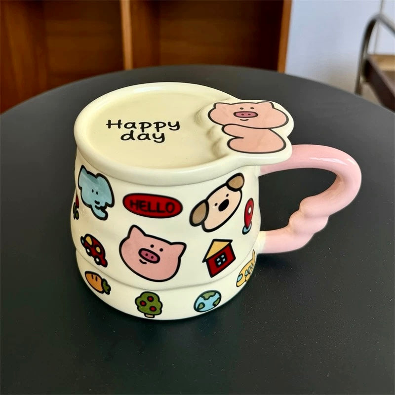 Doodle Animal Ceramic Mug with Lid – 400ML
