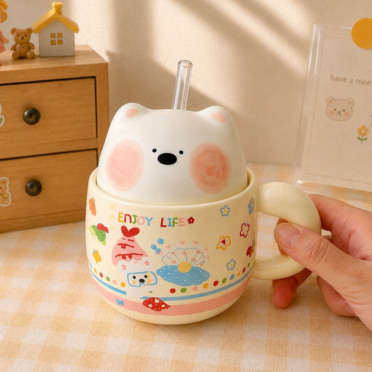 Chubby Bear Ceramic Mug with Bear Lid & Glass Straw – 350ML