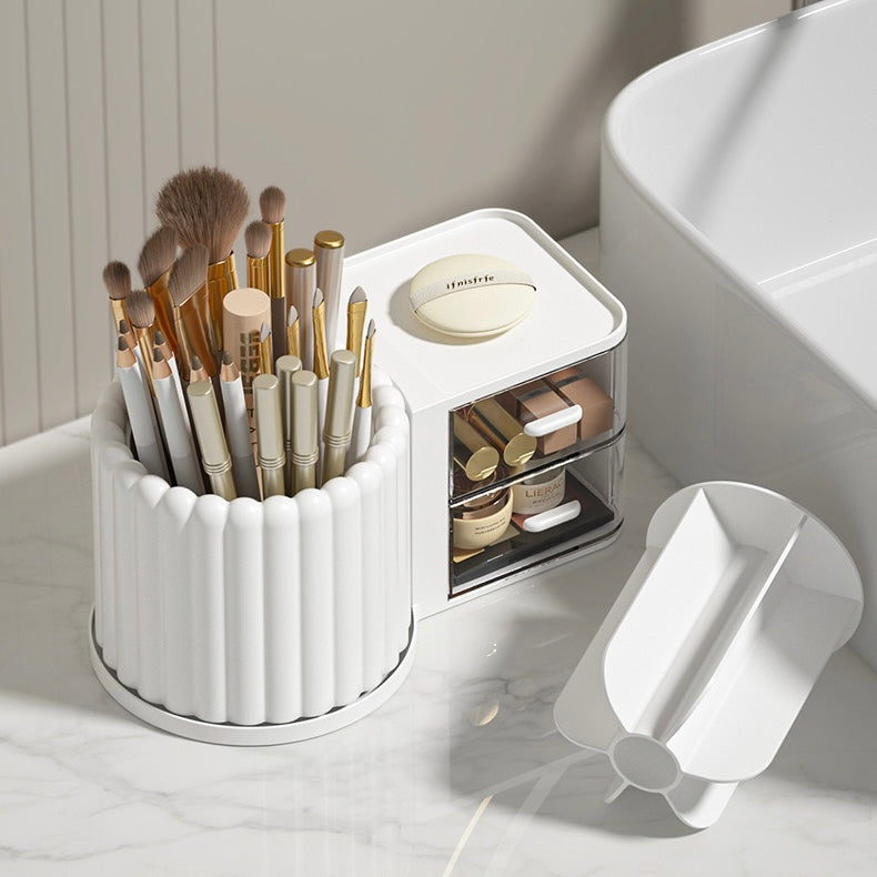 Cream Ribbed Rotating Pen Holder with Drawer Organizer - 2 Colors