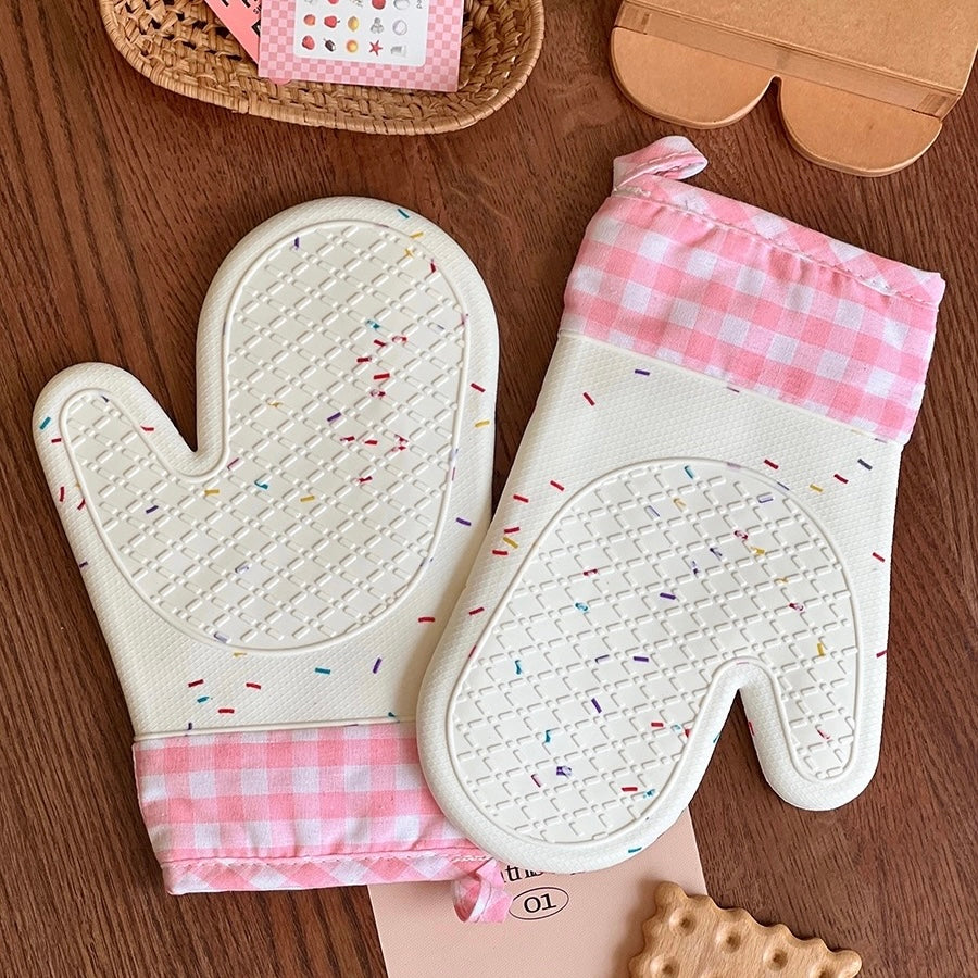 Cute Pink Heat-Resistant Silicone Oven Gloves - Set of 2, Non-Slip Baking Mitts for Cooking & Baking