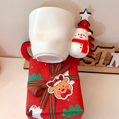 Hand-painted Christmas ceramic mug with 3D snowman on handle and festive gift box, 300ML