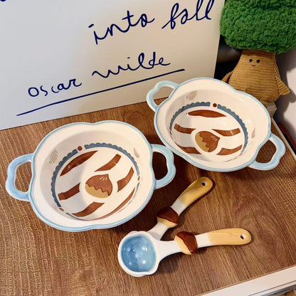 Cute Chestnut Ceramic Bowl with Handles & Spoon Set - 350ML