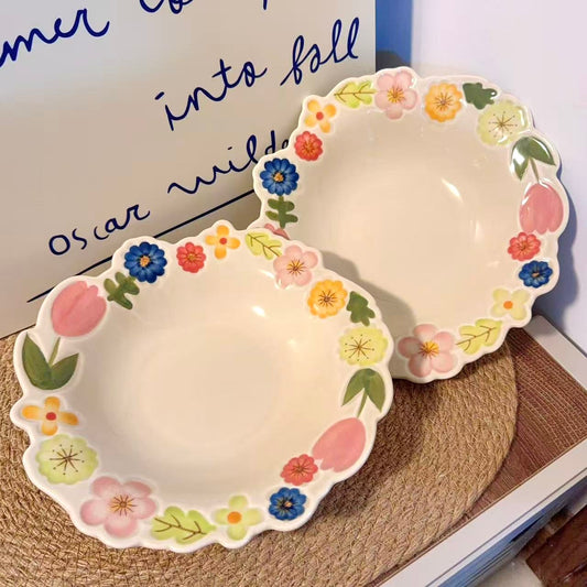 Hand-Painted Vintage Floral Ceramic Deep Plate, 9.3-Inch