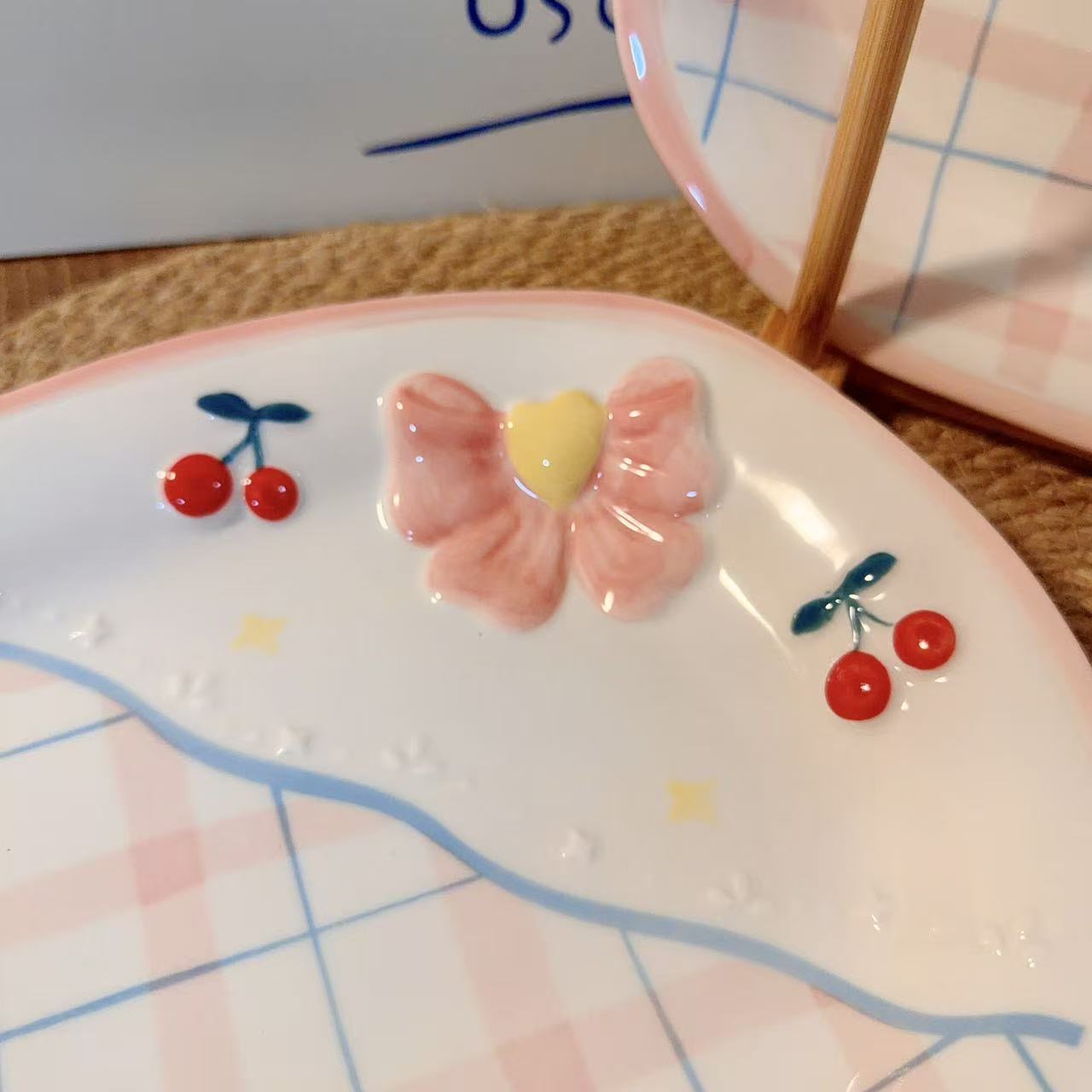 Pastel Pink Bow Ceramic Rectangular Plate, 9.8-Inch