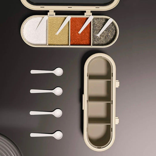 Creamy White Seasoning Storage Box| Food-Grade PP Plastic - 4-Compartment Organizer with Lid and Spoons