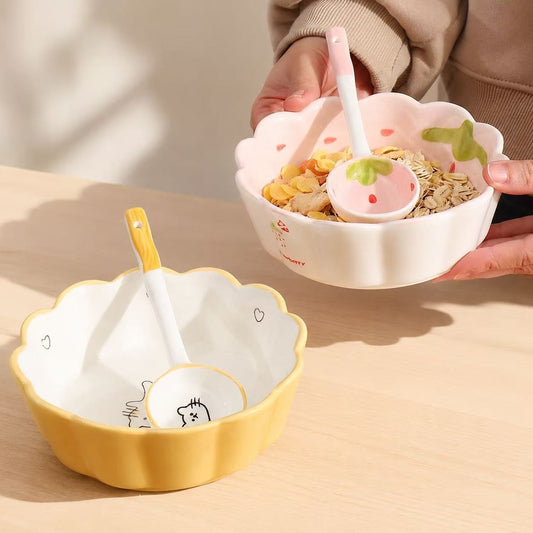 Strawberry & Lemon Ceramic Yogurt Bowl with Spoon - 400ML