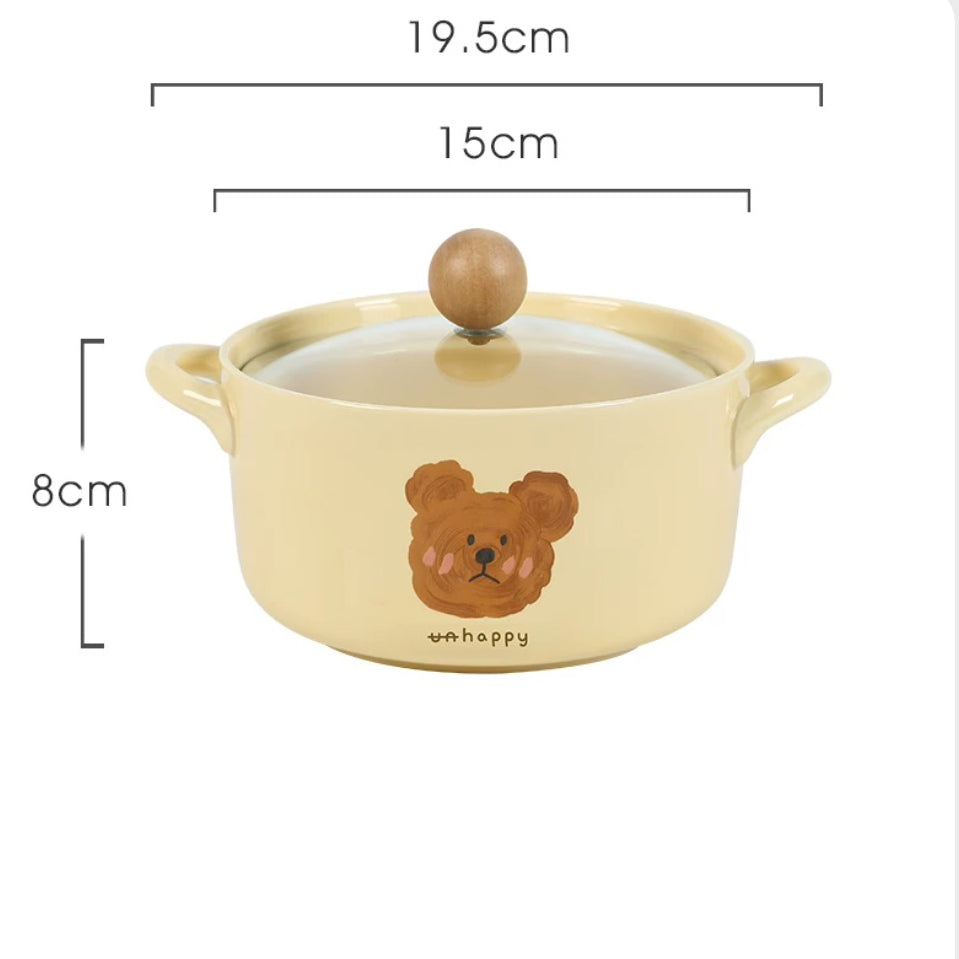 Emo Bear Ceramic Ramen Bowl - with Glass Lid and Ceramic Spoon, 730ml Capacity