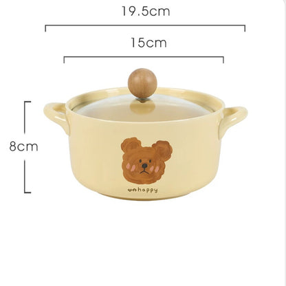 Emo Bear Ceramic Ramen Bowl - with Glass Lid and Ceramic Spoon, 730ml Capacity