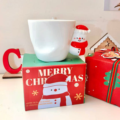 Hand-painted Christmas ceramic mug with 3D snowman on handle and festive gift box, 300ML