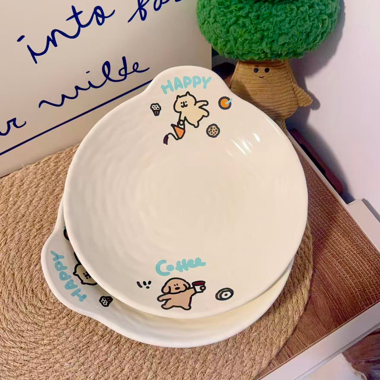 Coffee Puppy Ceramic Plate with Handle, 8-Inch