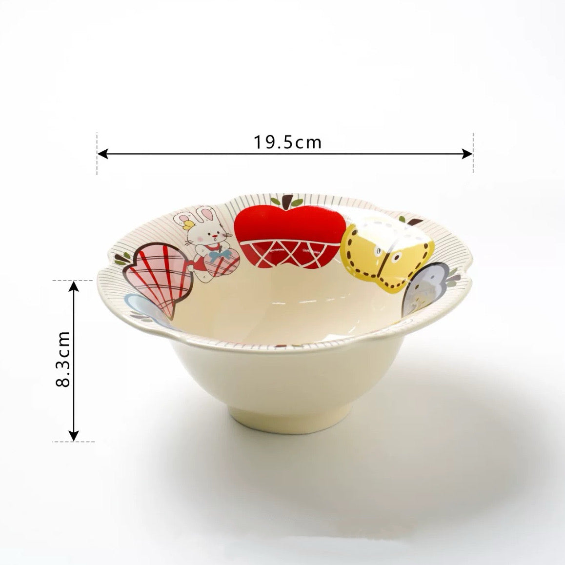 Apple bunny ceramic bowl with scalloped rim showing colorful fruits and bunny design, 500ML