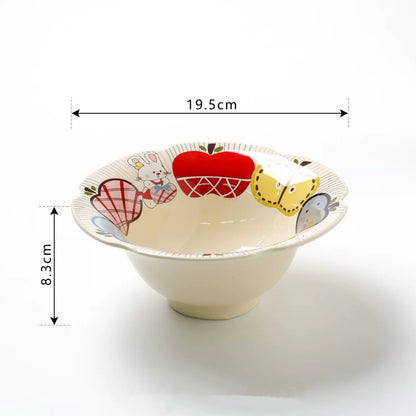 Apple bunny ceramic bowl with scalloped rim showing colorful fruits and bunny design, 500ML