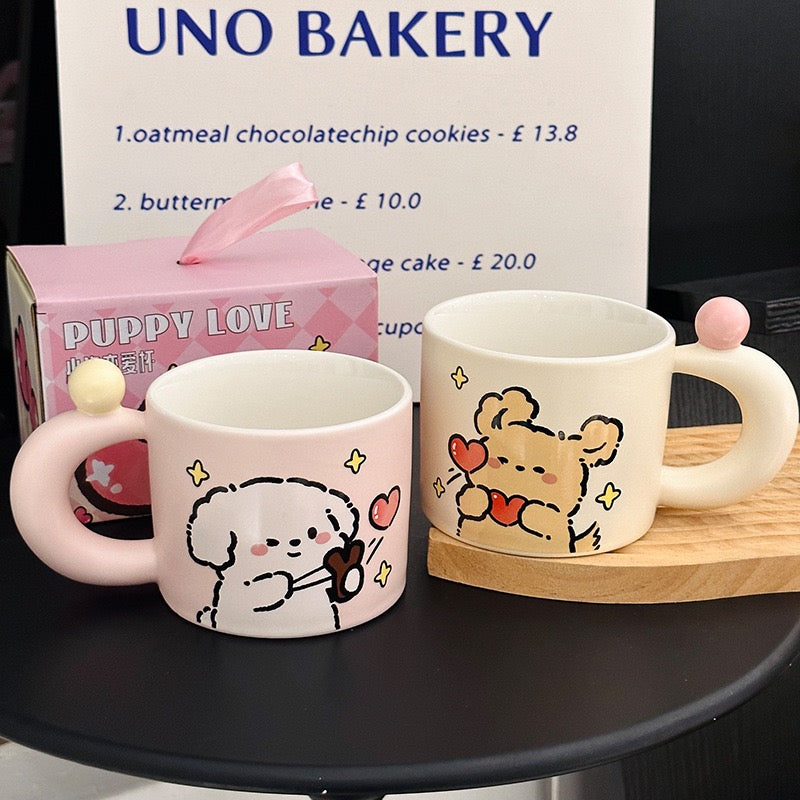 Adorable Puppy Couple Ceramic Mug – 380ml Cute Gift Box Set