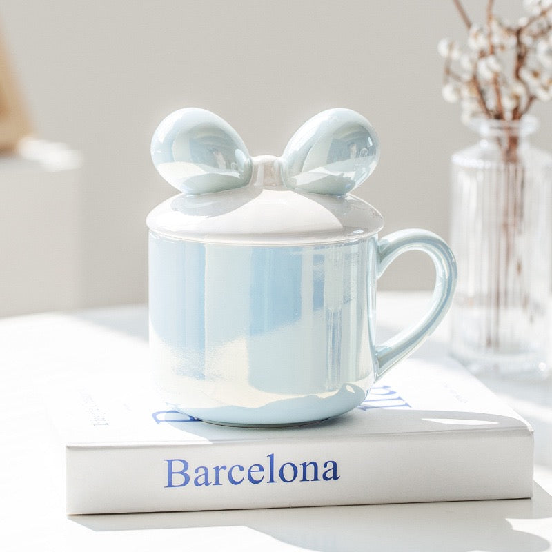 Pearl Glaze Bow Ceramic Mug with Lid | 380ml Fairy-Inspired Mug