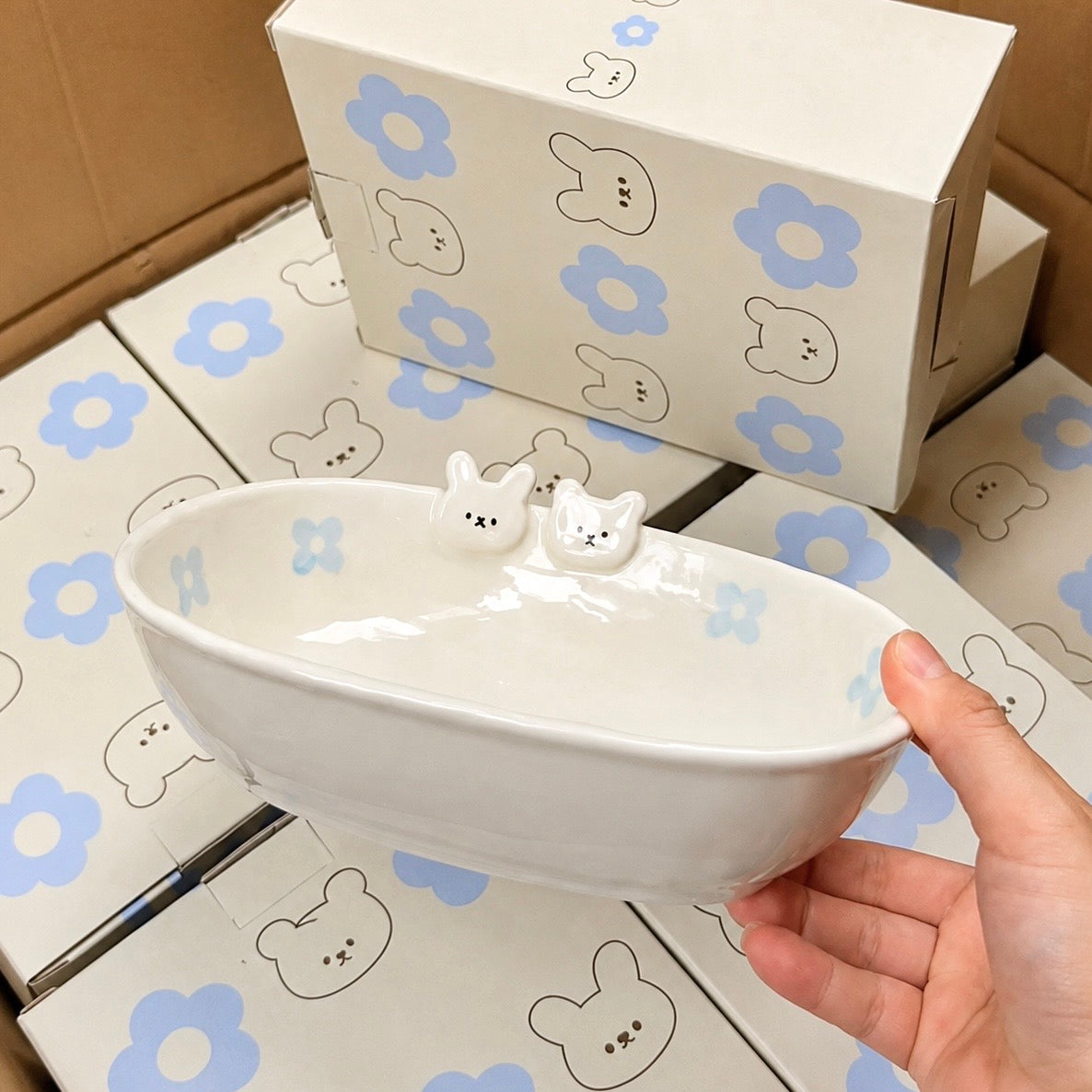 Hand-Painted Flower Bunny Ceramic Oval Bowl – 700ML