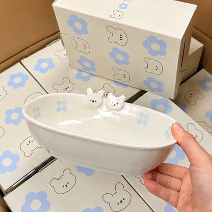 Hand-Painted Flower Bunny Ceramic Oval Bowl – 700ML