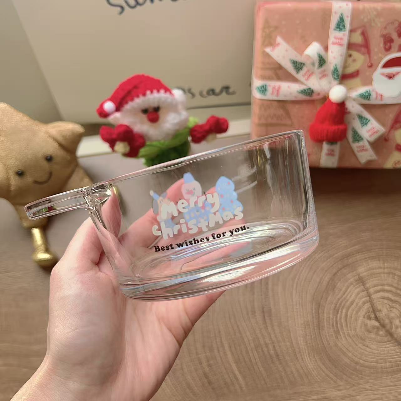 Christmas snowman glass yogurt bowl with festive design and Best wishes message, 400ML
