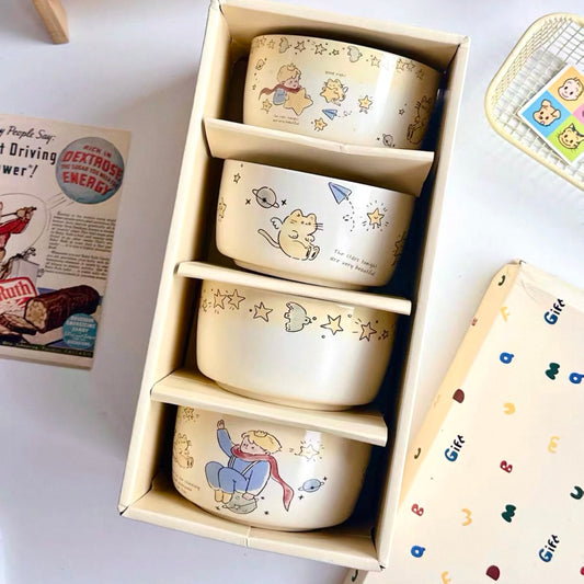 Star prince ceramic bowl set of 4 in cream gift box with alphabet pattern