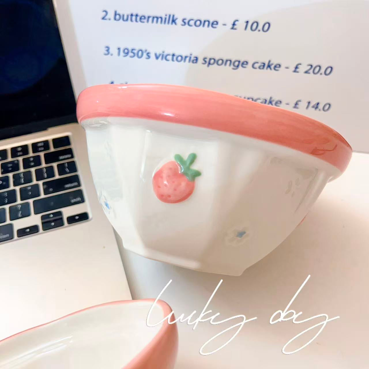 Pink Strawberry Ceramic Noodle Bowl – 800ML