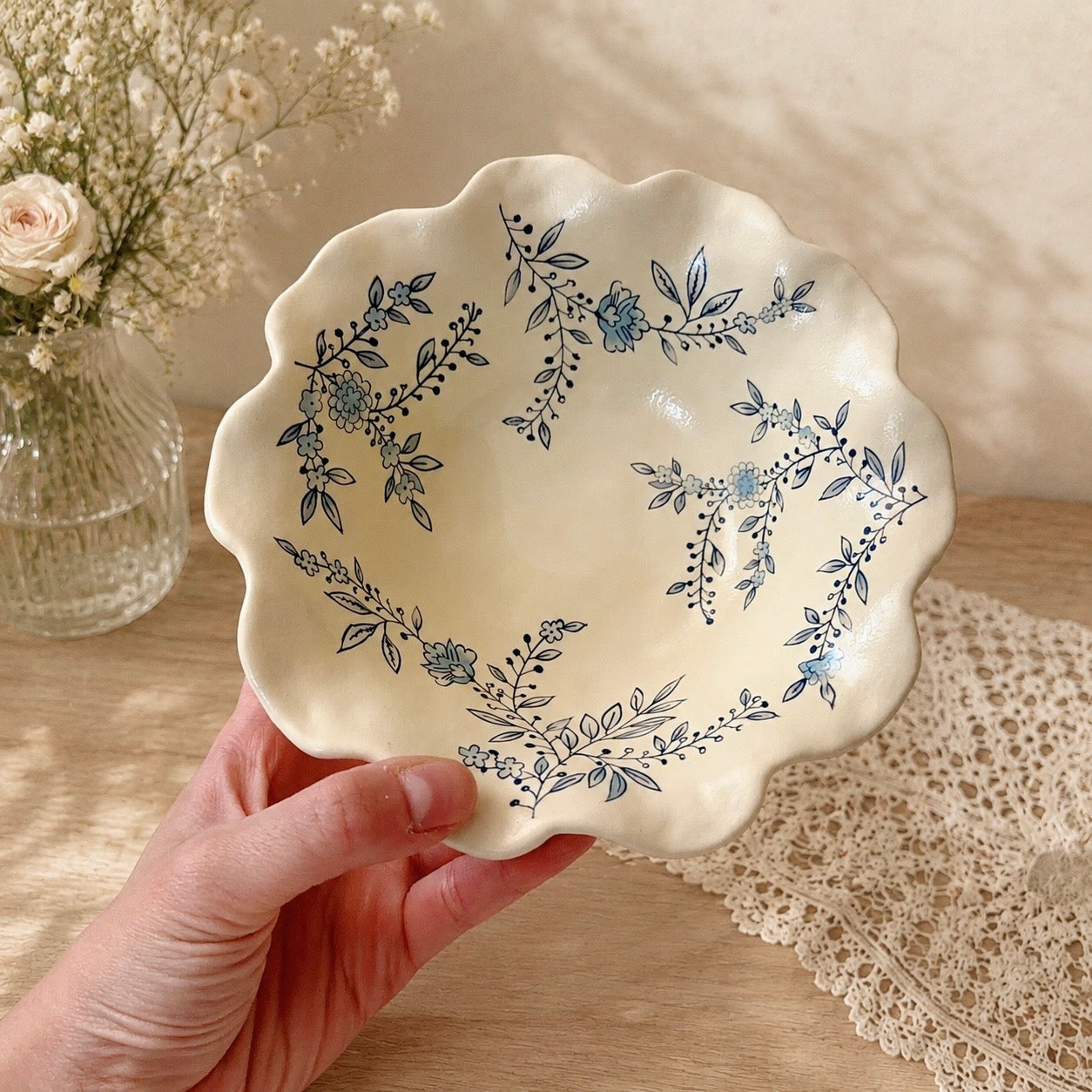 Vintage Blue Floral Ceramic Yogurt Bowl, 300ML