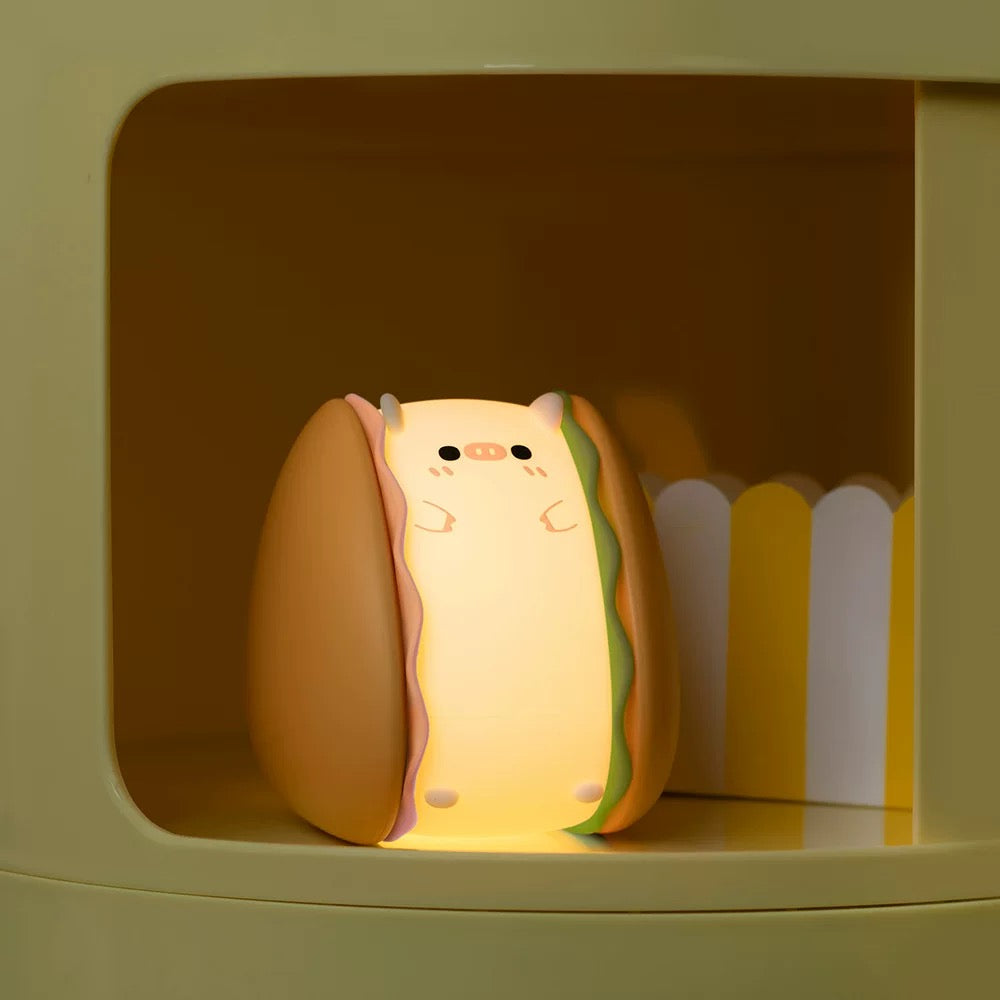 Hamburger Pig Tap-On Night Light | Cute Silicone Design with Adjustable Brightness and Timer