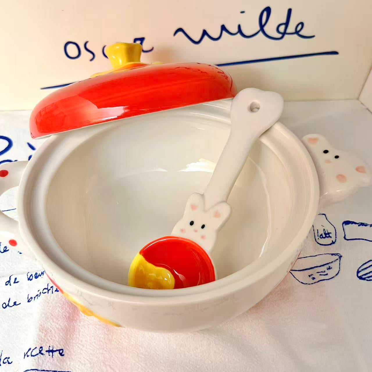 Tomato Bunny Ceramic Ramen Bowl with Lid and Spoon, 500ML