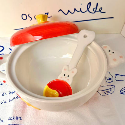 Tomato Bunny Ceramic Ramen Bowl with Lid and Spoon, 500ML